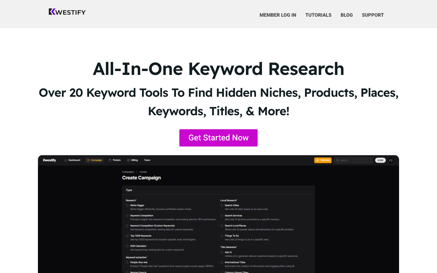 Kwestify dashboard screenshot
